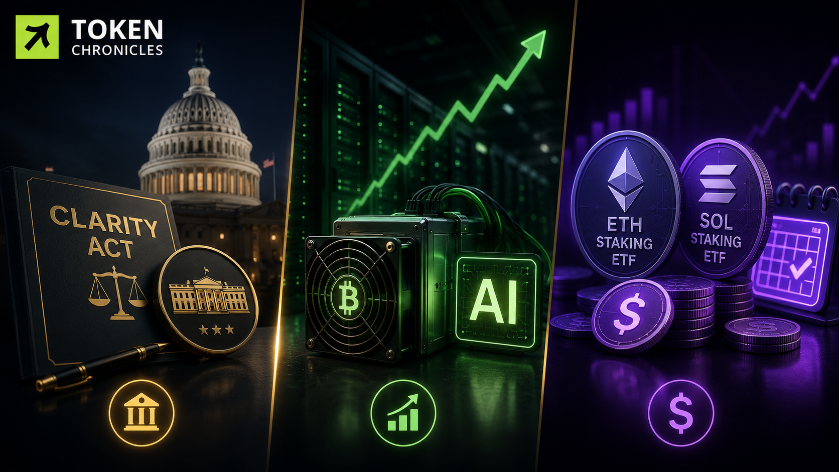 Crypto Daily: CLARITY Act push intensifies, Bitcoin miners rally on AI deals, Grayscale plans staking payouts