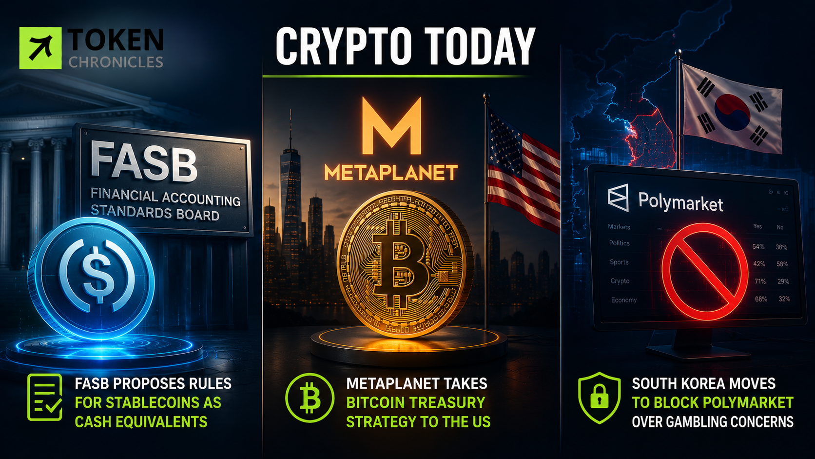 Crypto Today: FASB Stablecoin Rules, Metaplanet’s US Expansion and Polymarket Blocked in South Korea