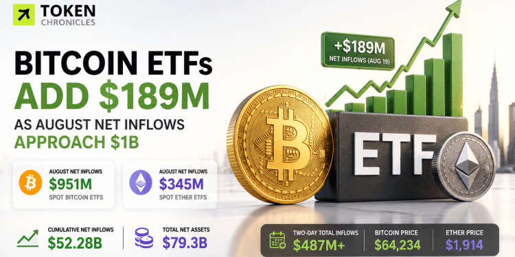 Bitcoin ETFs Add $189M as August Inflows Near $1 Billion