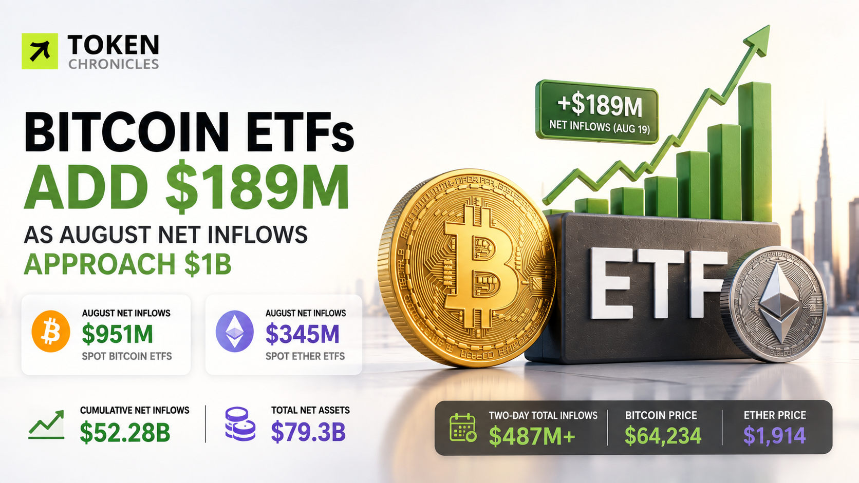 Bitcoin ETFs Add $189M as August Inflows Near $1 Billion