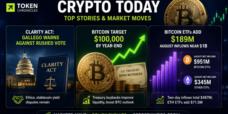 Crypto Today: CLARITY Act Debate, Bitcoin Targets $100K and ETF Inflows Near $1B