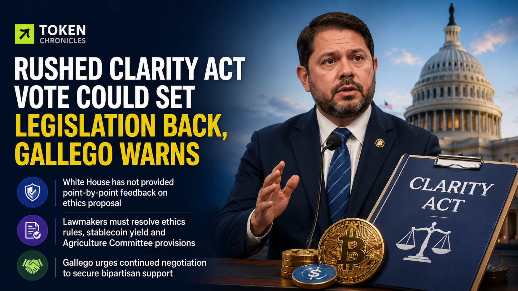 Gallego Warns Rushing CLARITY Act Vote Could Jeopardize Crypto Legislation
