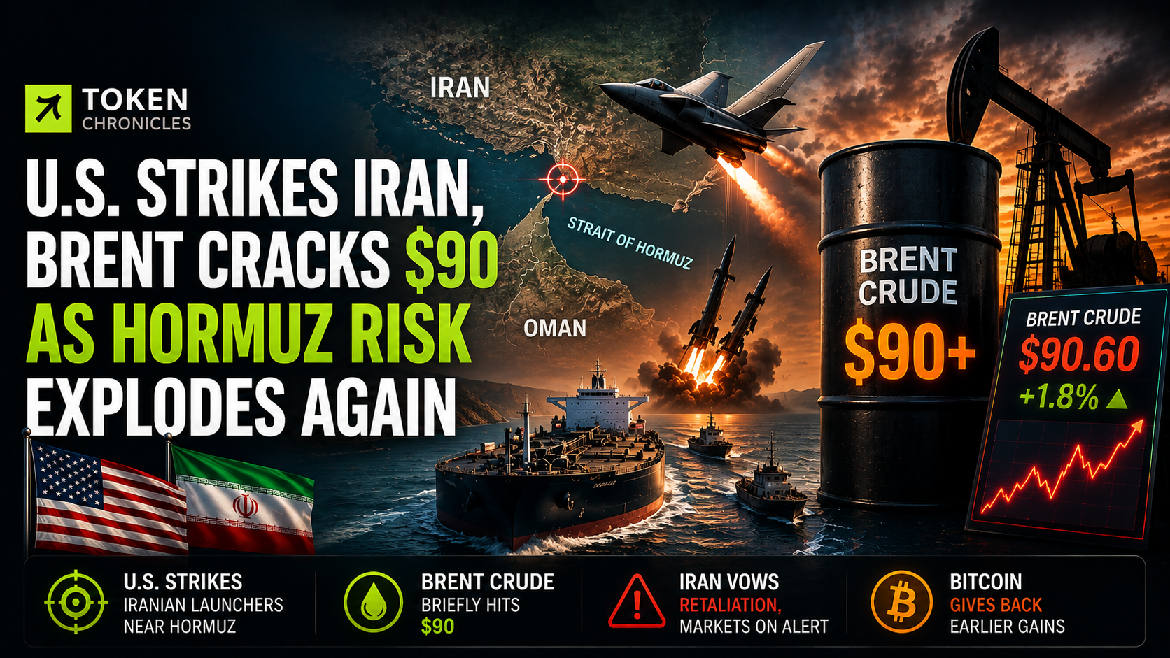 U.S. Strikes Iranian Launchers Near Hormuz as Brent Oil Surges Above $90