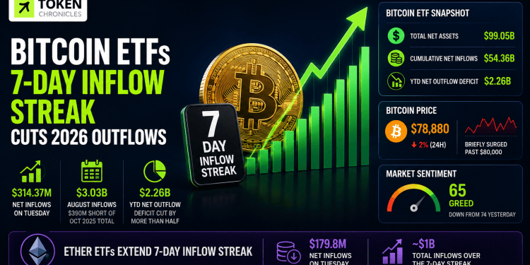 Bitcoin ETFs Erase Much of 2026 Outflows as Inflows Reach Seven-Day Streak