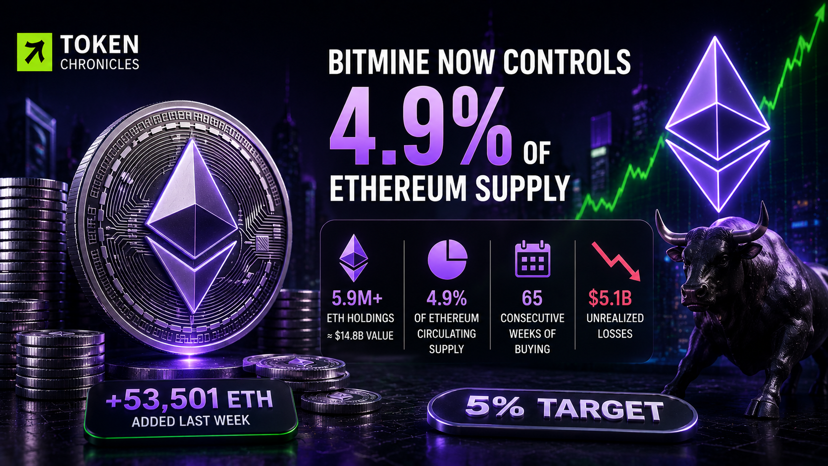 Bitmine Reaches 4.9% of Ethereum Supply After Buying 53,500 ETH