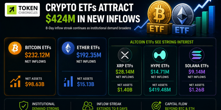 BlackRock Leads $424M Crypto ETF Inflows as Bitcoin and Ether Extend Winning Streak
